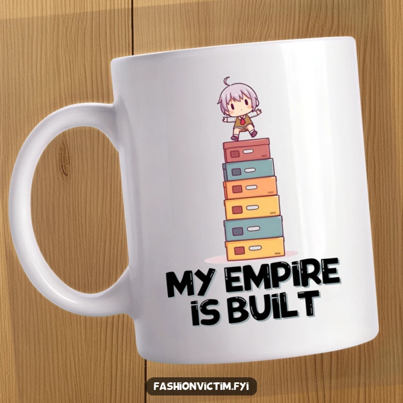 Funny Mug: Tiny character in a precarious balancing act atop a towering stack of colorful shoe boxes, representing shoe obsession.