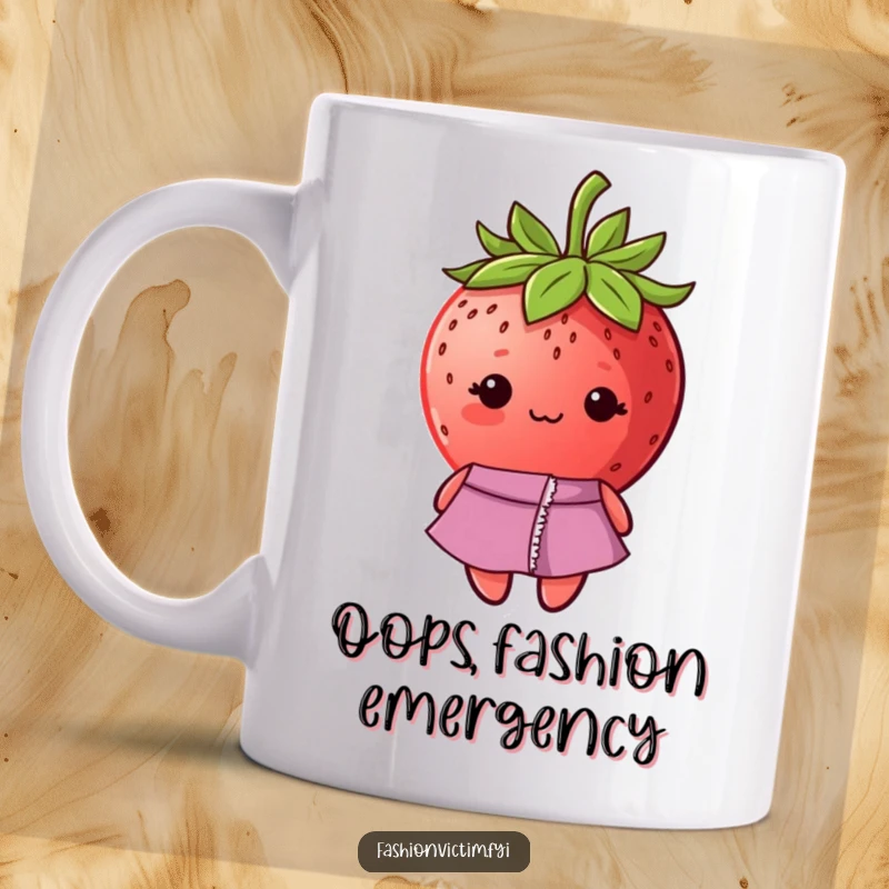 Funny strawberry mug showing a shy strawberry with a ripped seam on its fashionable dress, looking embarrassed.