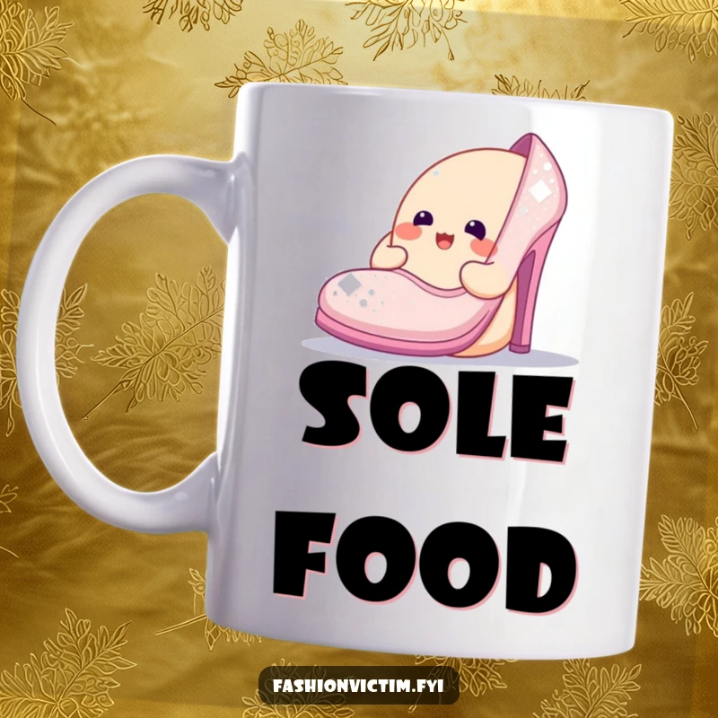 Funny mug showing a cheerful blob character admiring an oversized, sparkly shoe, embodying fascination with fabulous fashion.