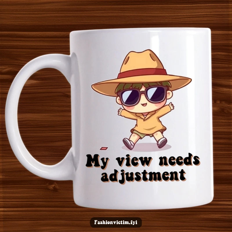 Funny mug of a tiny character hilariously tripping over their own feet, wearing a comically large hat and oversized sunglasses.