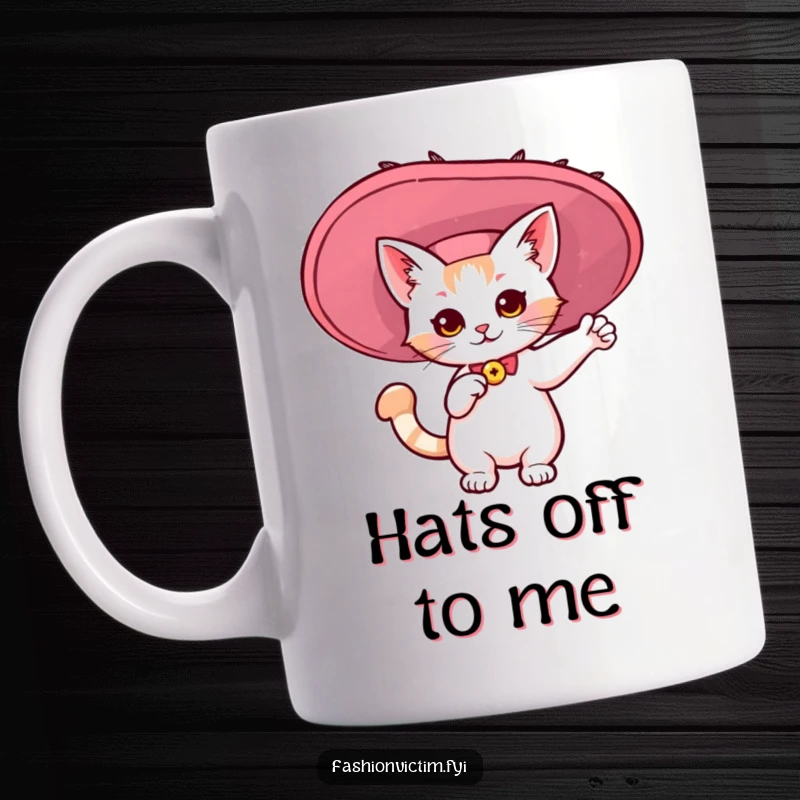Funny mug with a kawaii cat dramatically posing in a giant, flamboyant hat. A humorous gift for feline enthusiasts.