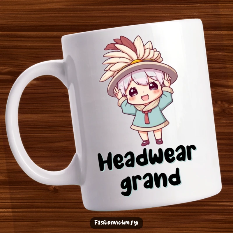 Funny mug featuring an excited character enthusiastically trying on a comically large, flamboyant feathered hat, expressing joy and playful extravagance.
