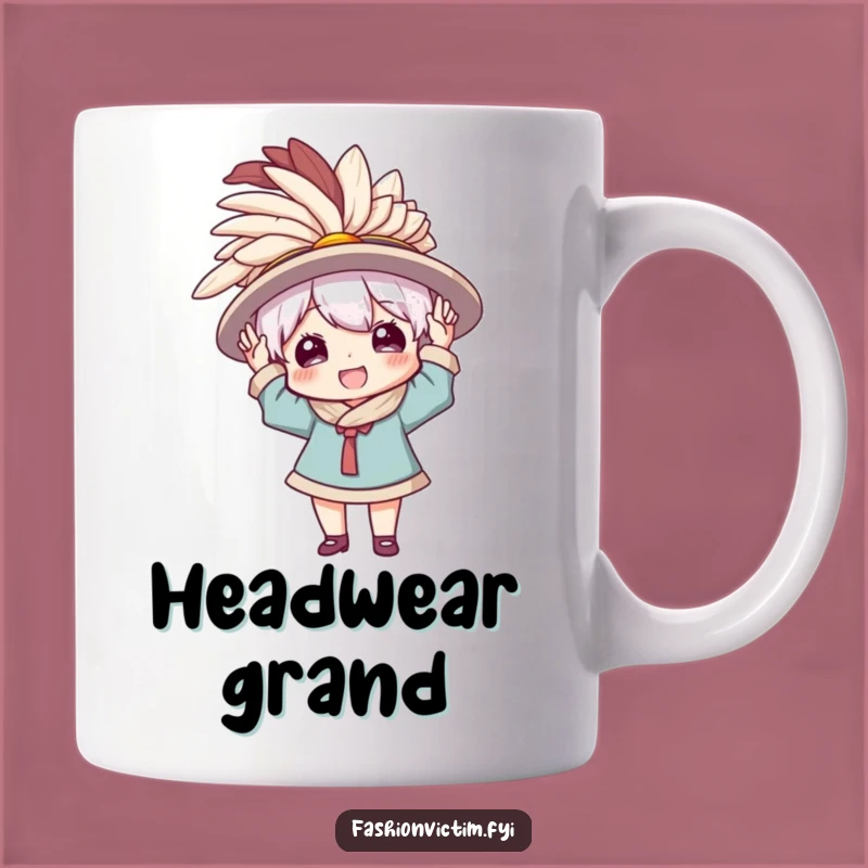 Funny Hat Mug: Enthusiast Tries on Comically Large, Feathered Hat