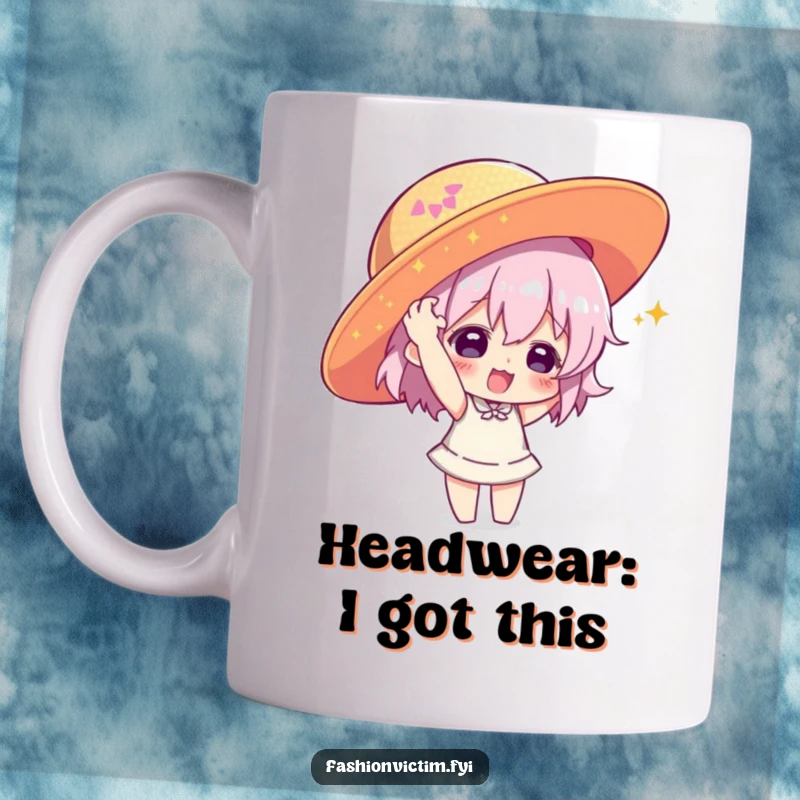 Funny mug showing a character playfully shoving a comically large, sequined hat onto their head, a humorous depiction of maximalist style.