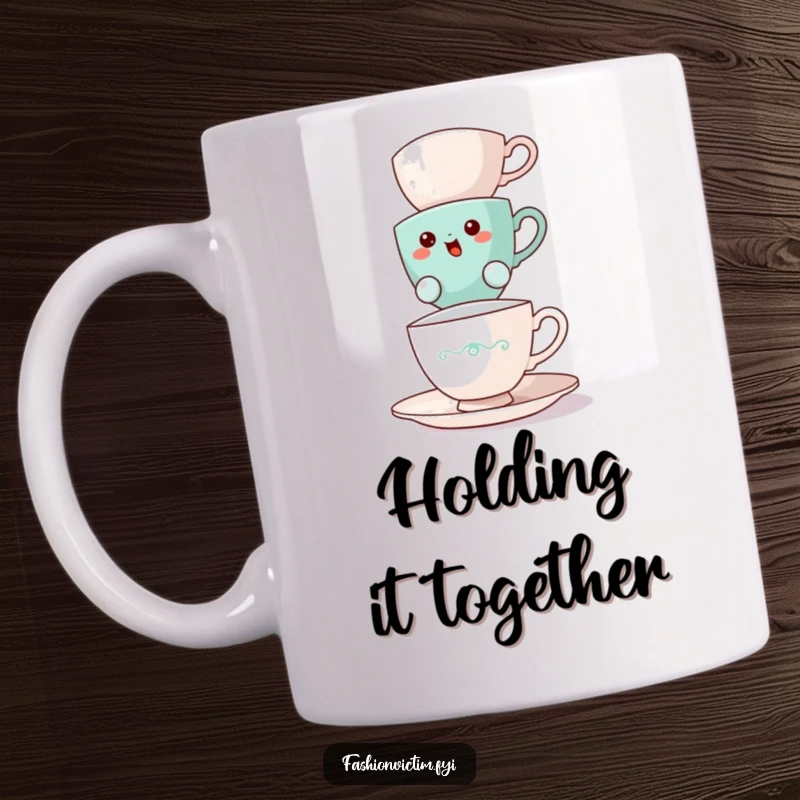 Funny teacup mug, a bewildered teacup struggling to balance a precarious stack of other teacups, tea time humor.