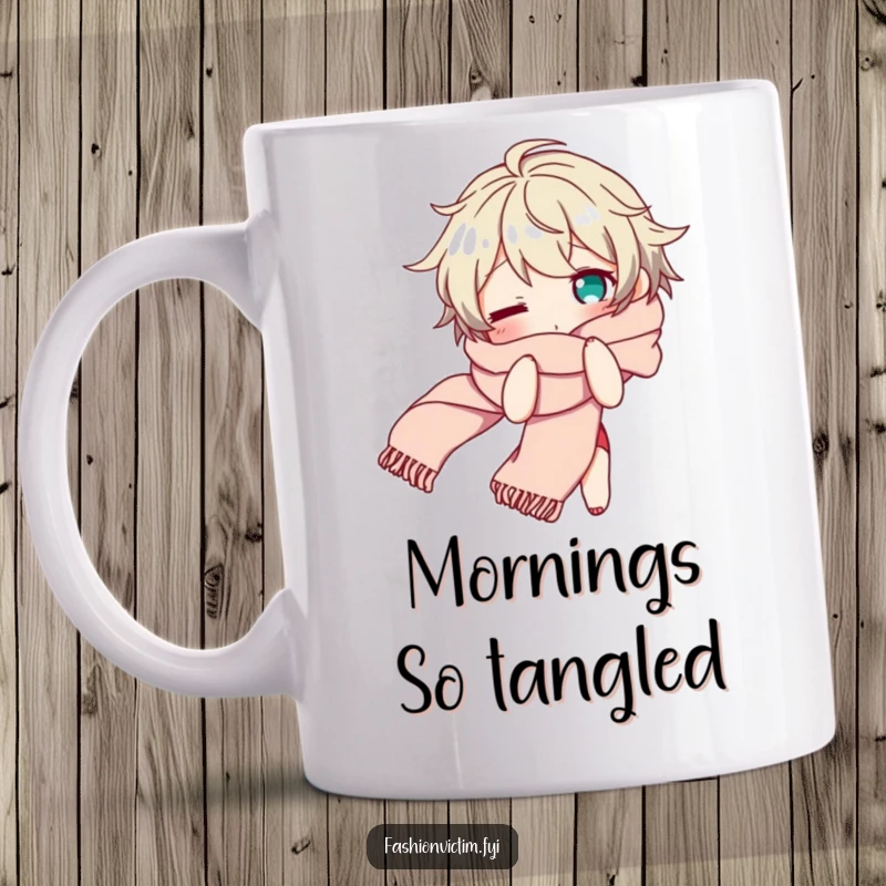 Funny mug showing a character comically bewildered while tangled in a long, flowing scarf, a humorous depiction of everyday struggles.