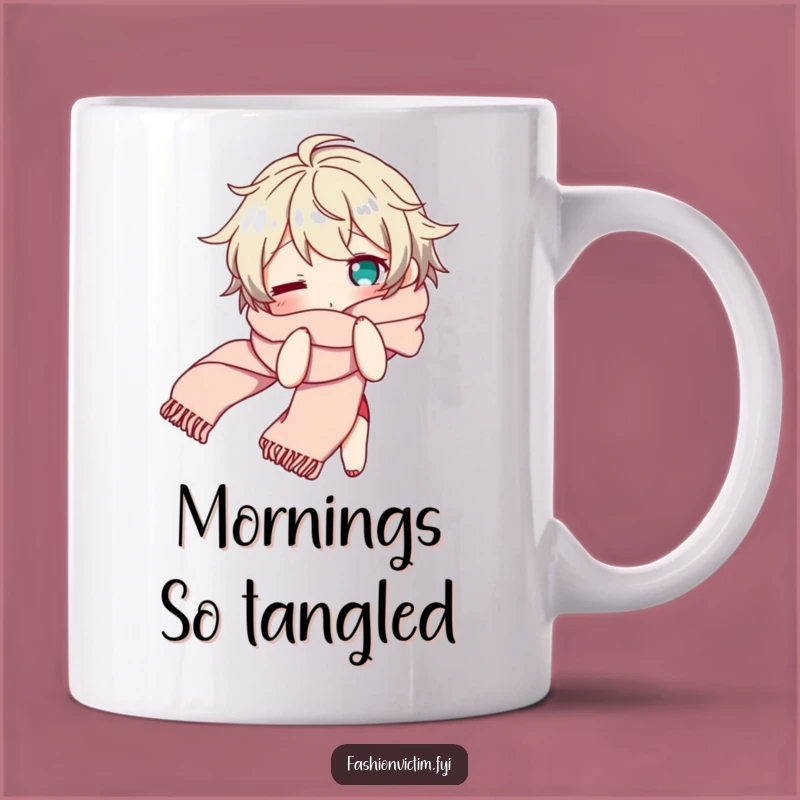 Funny Scarf Tangle Mug: Bewildered Character, Flowing Scarf, Hilarious Funny Gift