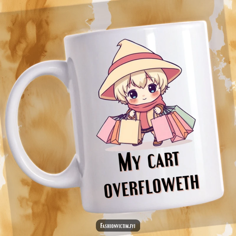 Funny mug showing a child character in an oversized hat tripping with numerous shopping bags, a comical depiction of retail chaos and glee.