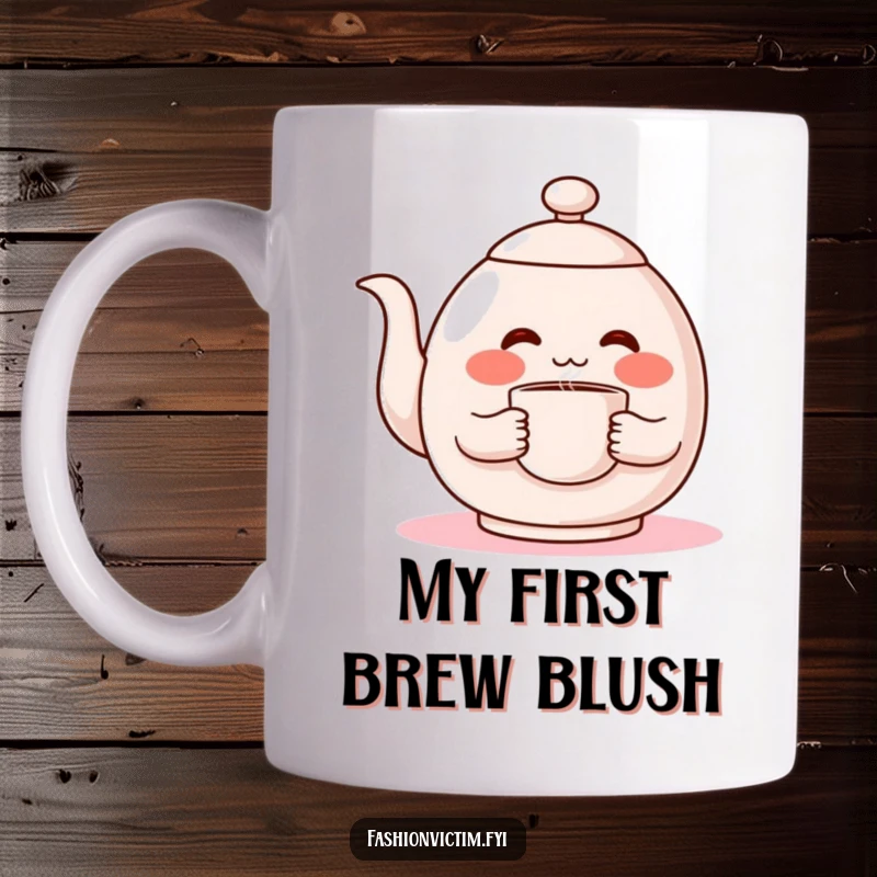 Funny ceramic mug, a shy teapot character blushing bright red while nervously holding a steaming cup of tea, perfect for a giggle.