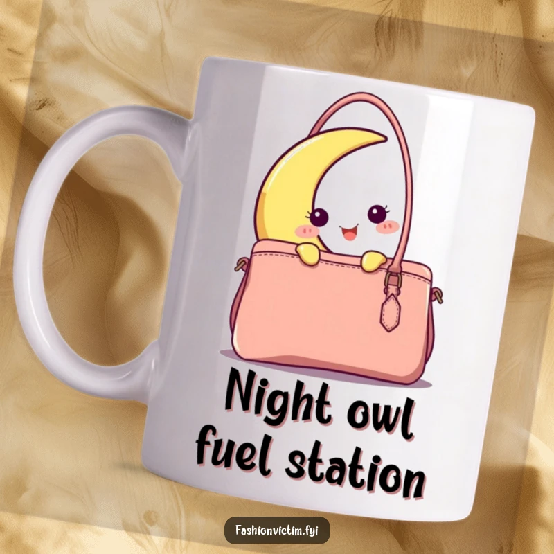 Funny crescent moon character peeking playfully from behind a fashionable handbag, making this mug a delightful and humorous gift.