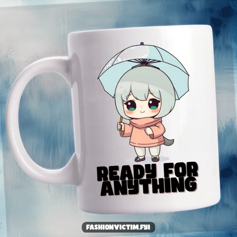 Funny mug featuring a character striking a bold pose, holding a ridiculously small umbrella, exuding confident and comical preparedness for anything.