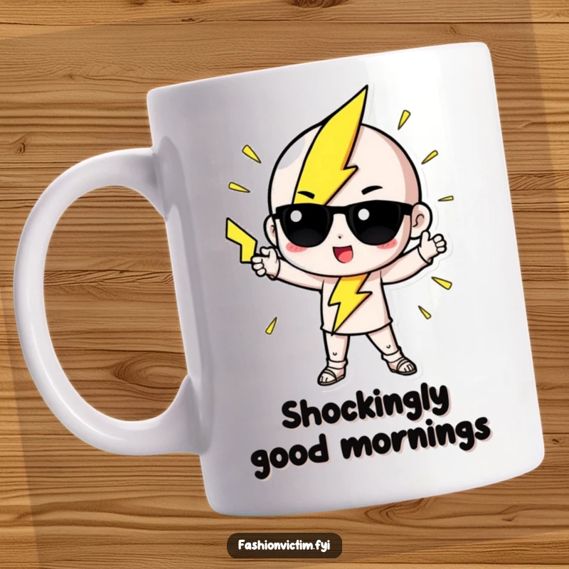 Funny Mug depicting a cute lightning bolt character striking a dramatic and fashionable pose with electric flair.