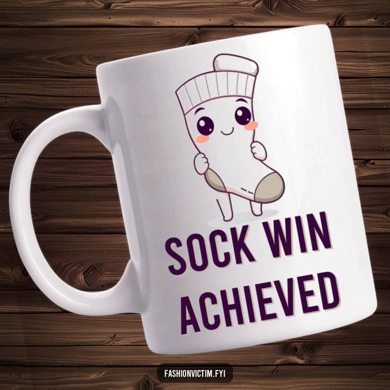 Funny mug shows a character with a triumphant grin, proudly holding up a single, perfectly matched sock.