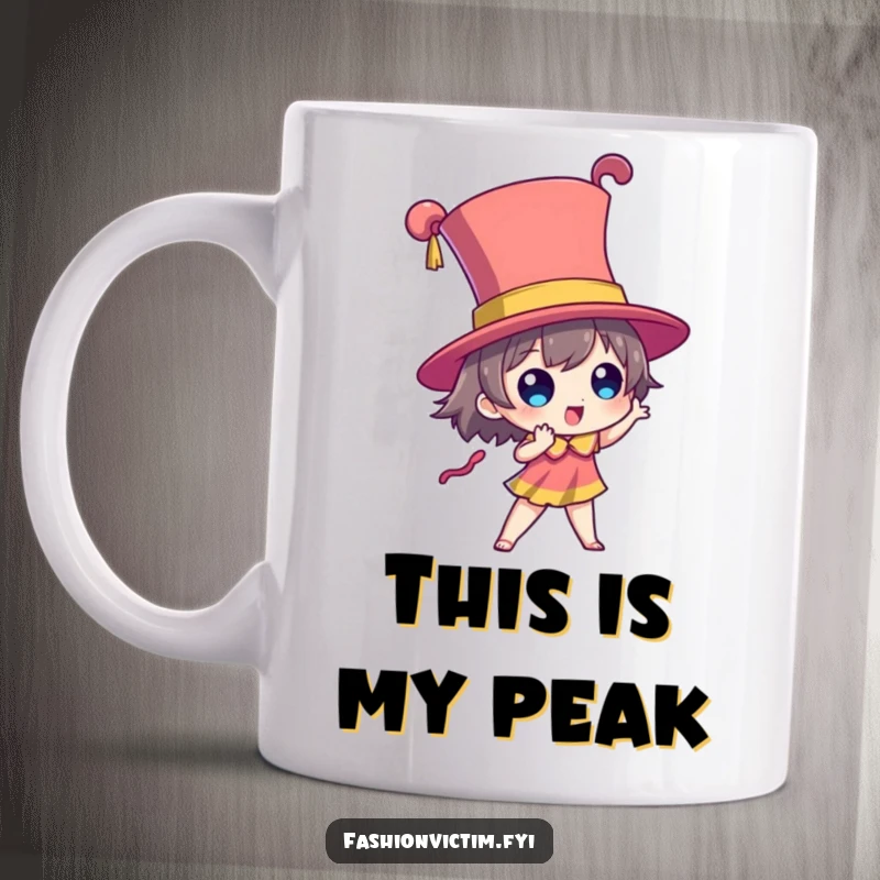 Funny mug depicting a character posing dramatically wearing an incredibly tall and brightly colored hat, exuding confidence.