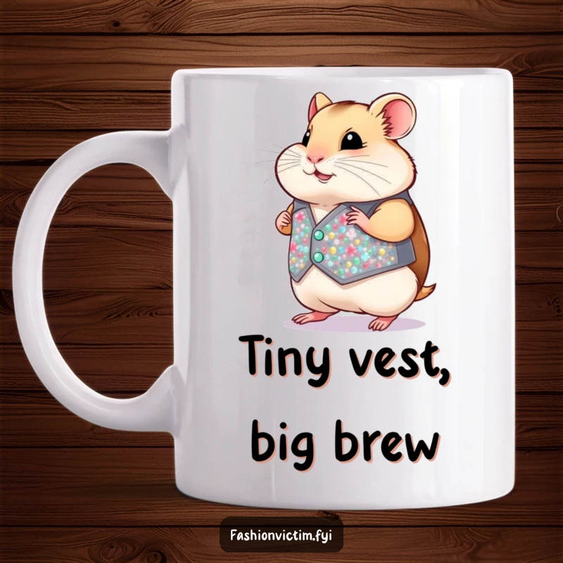 Funny Hamster Mug: A chubby hamster confidently struts in a comically small, sparkling sequined vest, looking dapper.