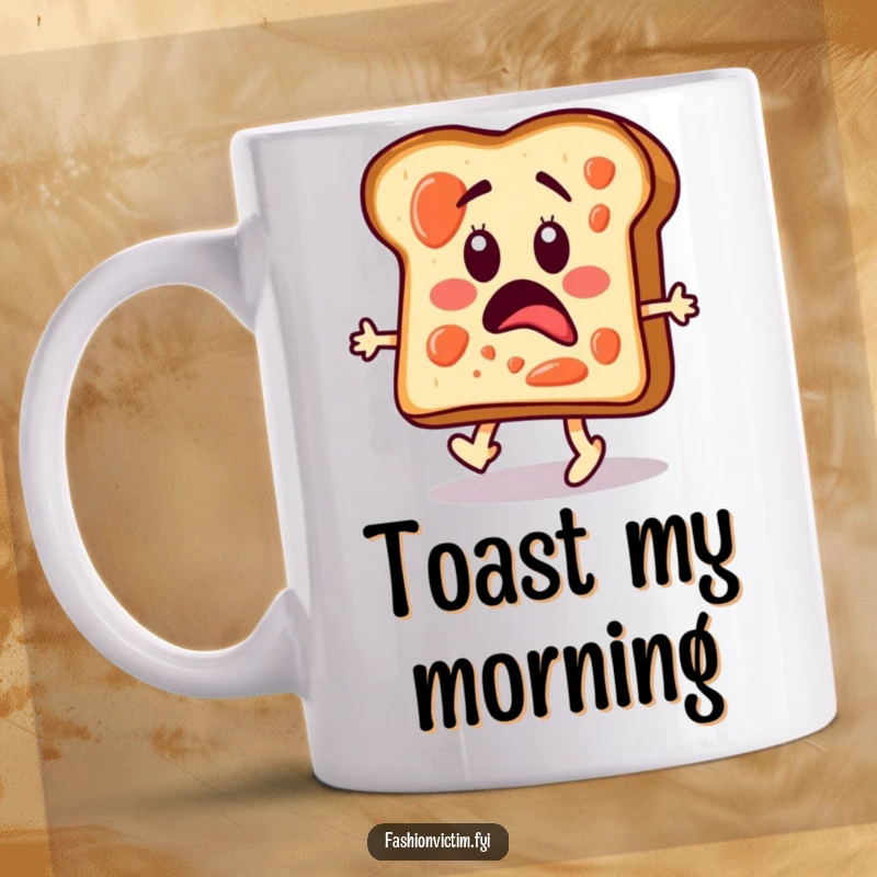 Funny mug featuring a surprised slice of toast with jam, comically attempting to strut down a fashion runway.