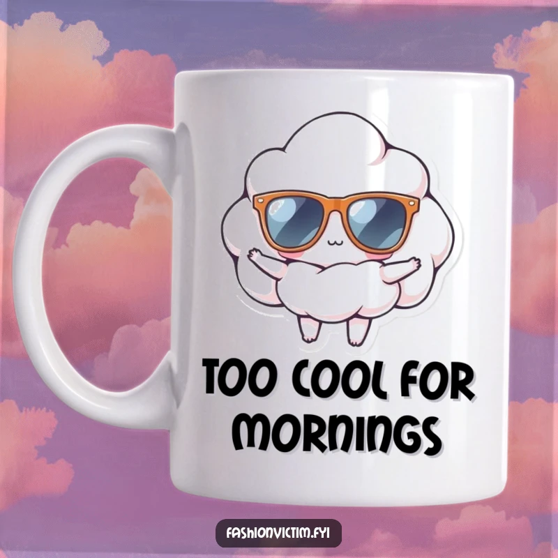 Funny mug featuring a tiny cloud wearing oversized sunglasses, striking a confident and cool pose, perfect for sunny dispositions.