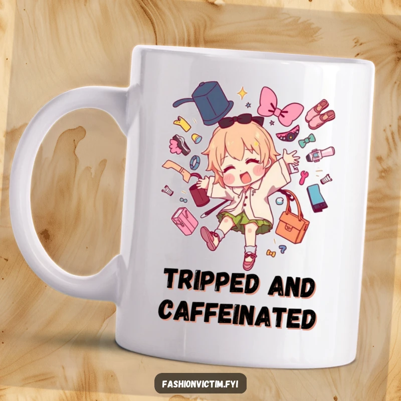 Funny mug showing a character dramatically tripping, scattering fashion items like fabric and scissors everywhere in a hilarious mess.