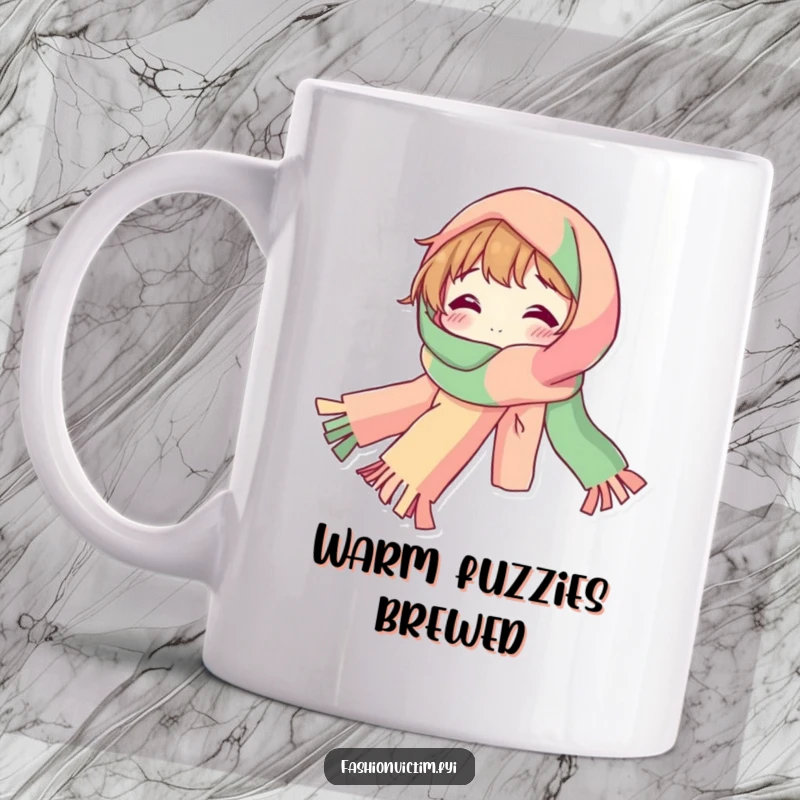 Funny Mug showing a bubbly character draped in a ridiculously long and colorful scarf, looking cozy and cheerful.