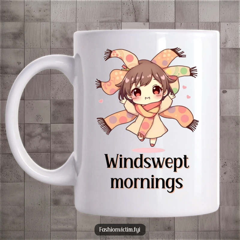 Funny mug featuring a joyful character spinning happily, holding a large, colorful bouquet of wildly patterned scarves, embodying fashion and fun.