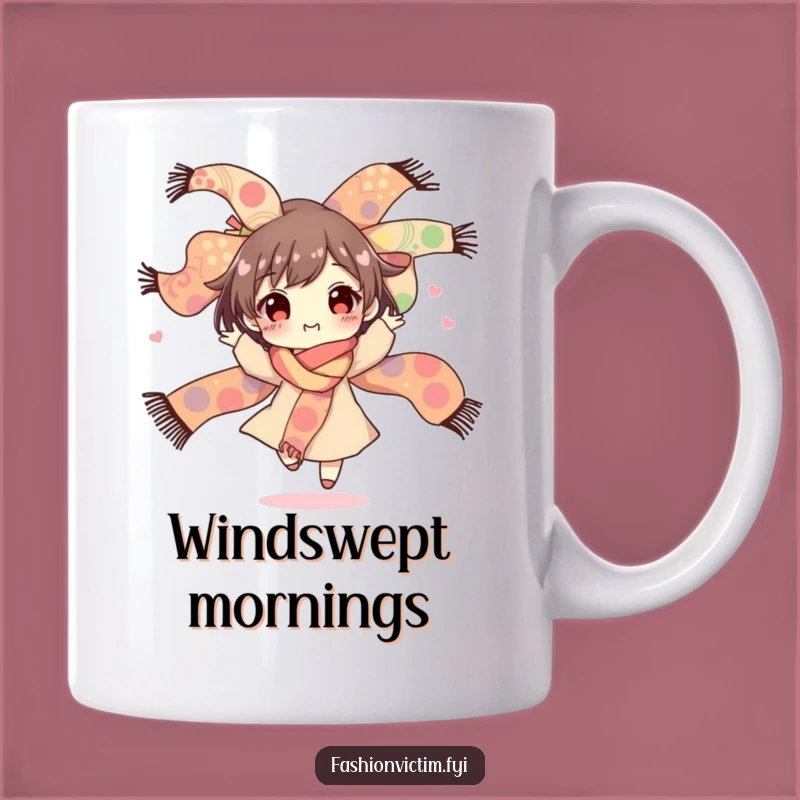 Funny Fashion Mug: Happy Spinner Admires Wildly Patterned Scarf Bouquet