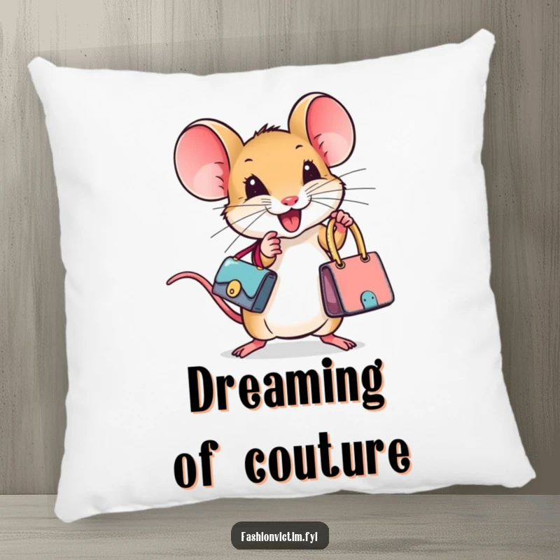 Funny pillow showcasing a tiny mouse enthusiastically holding a miniature designer handbag, adding a playful and comfortable touch to any space.