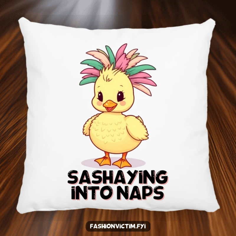 Funny Duckling Pillow: A plush pillow depicts a cute duckling parading in a vibrant, feathery boa, radiating happiness.