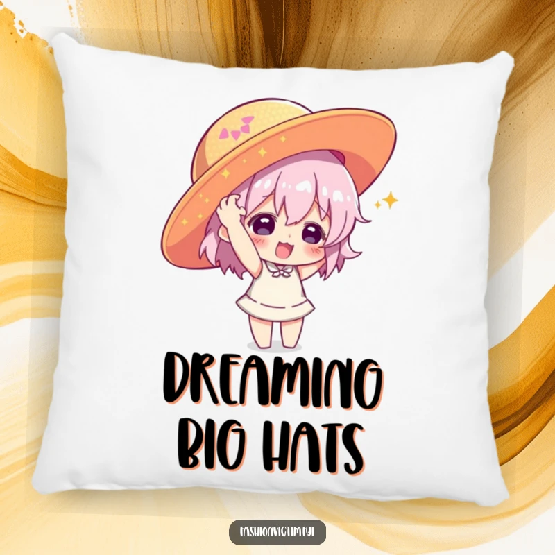 Funny pillow illustrating a character playfully putting on a large, sequined hat, a soft and humorous decor item.