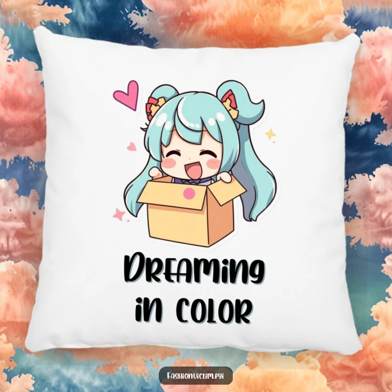Funny Pillow: A character beaming with delight while unboxing an incredibly large and vividly colored accessory, a humorous accent.