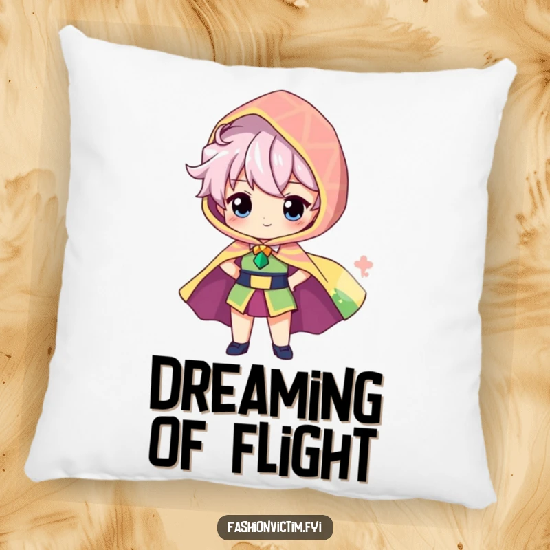Funny pillow showing a proud character showcasing a brightly patterned, oversized cape billowing behind them, a cozy decor item.