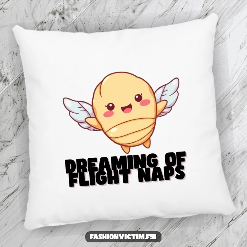 Funny pillow featuring a happy croissant character flying with tiny wings, providing comfort and humor. A cute pastry accent piece.
