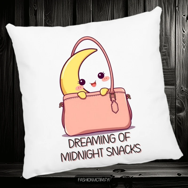 Funny happy crescent moon character peeking charmingly from behind a stylish handbag on this soft and humorous decorative pillow.