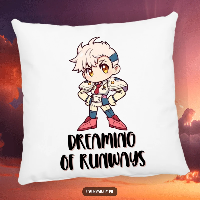 Funny Pillow: A character striking a dramatic power pose with oversized shoulder pads and pointy shoes, a humorous accent piece.