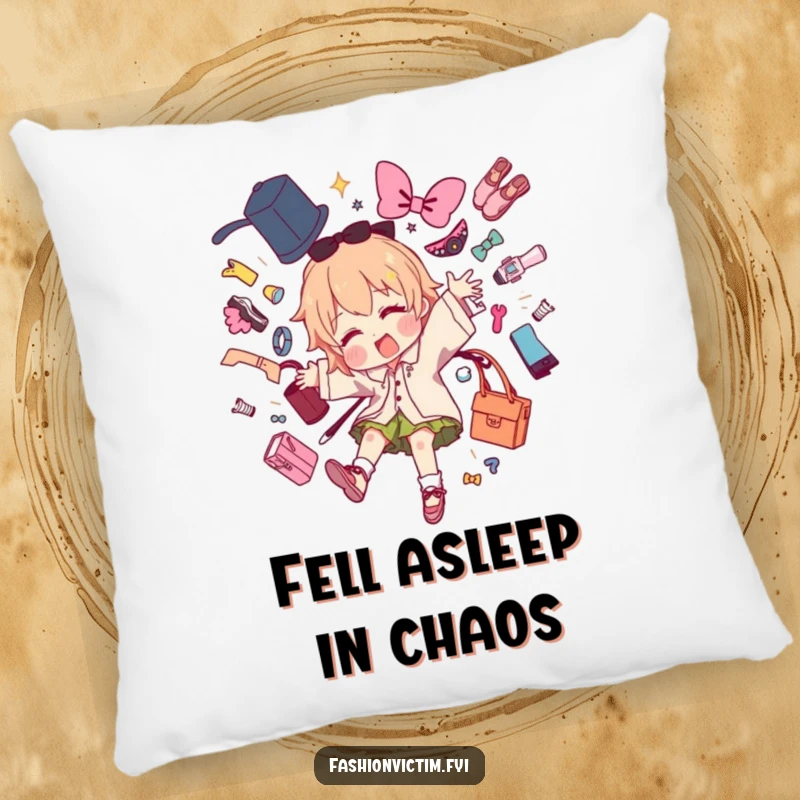 Funny decorative pillow featuring a character mid-trip with fashion items flying, bringing humorous creative chaos to decor.