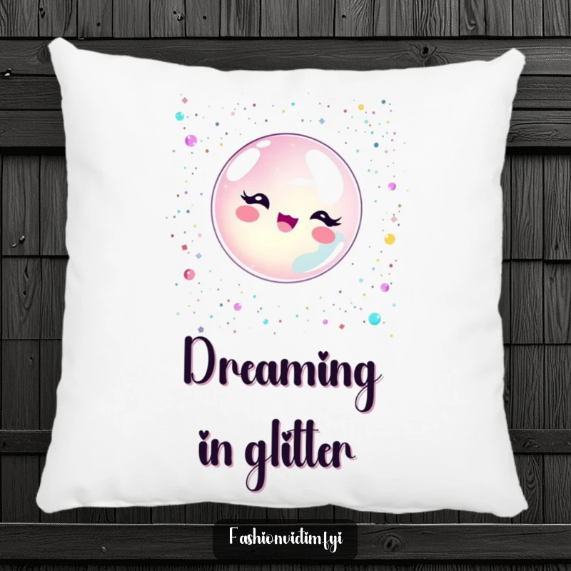 Funny bubble character delightfully popping with glitter and sequins, featured on a soft, decorative pillow.