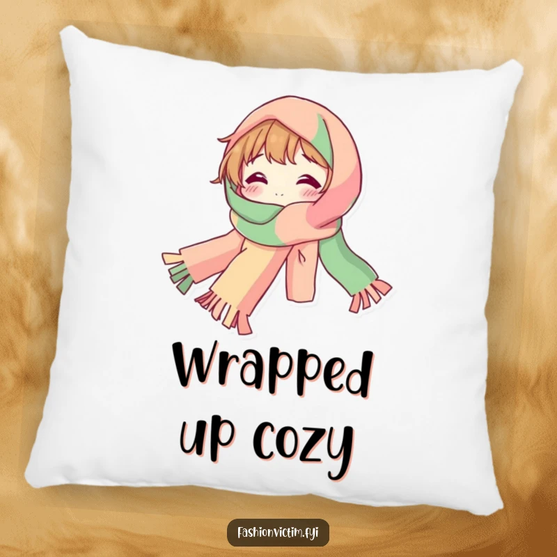Funny Pillow depicting a bubbly character draped in a ridiculously long, colorful scarf, adding warmth to any room.
