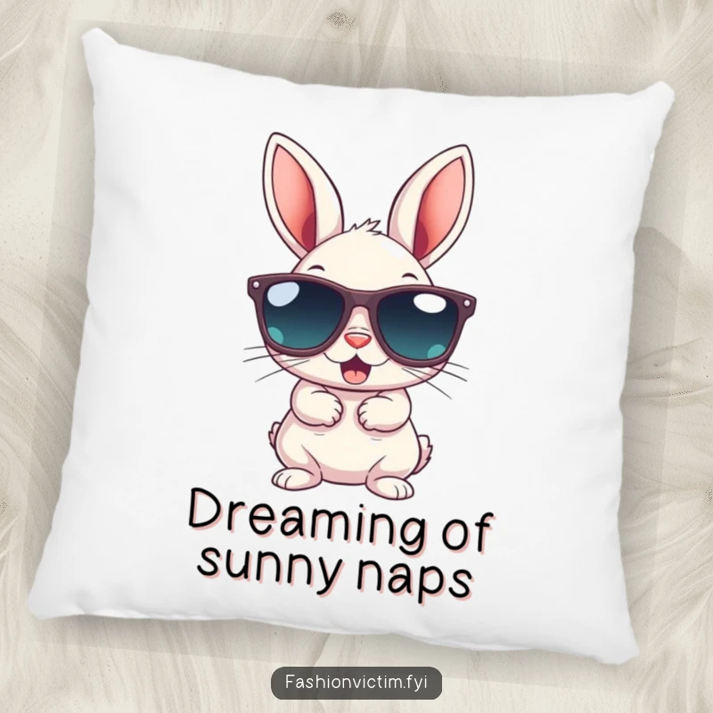 Funny pillow with a small bunny gleefully wearing gigantic sunglasses; adds a touch of cool, humorous animal decor.