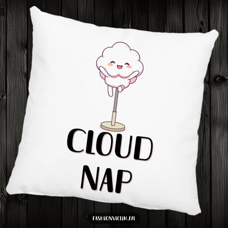 Funny pillow showcasing a fluffy cloud character joyfully leaping over a mannequin leg, bringing cozy whimsy and playful humor.