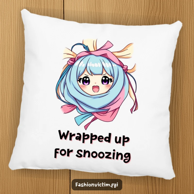 Funny pillow featuring a character happily entangled in colorful fabric with a surprised expression, offering humorous comfort.