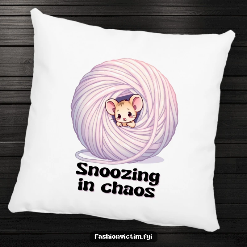 Funny mouse pillow, a tiny confused mouse tangled in a large ball of yarn, soft and decorative.