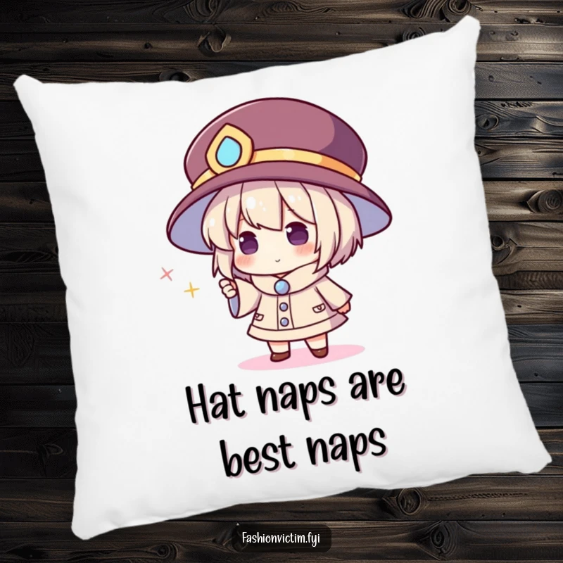 Funny pillow featuring a character in a massive hat excitedly pointing at a small, glittering accessory, offering humorous comfort.