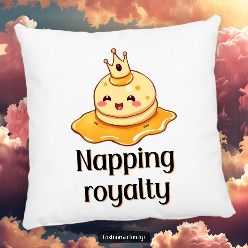 Funny pancake pillow, a cheerful pancake wearing a crown, tripping in syrup, soft and decorative.