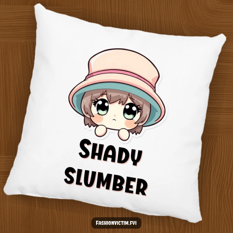 Funny pillow with a character's wide eyes peeking from behind a big, fashionable hat, offering soft comfort.