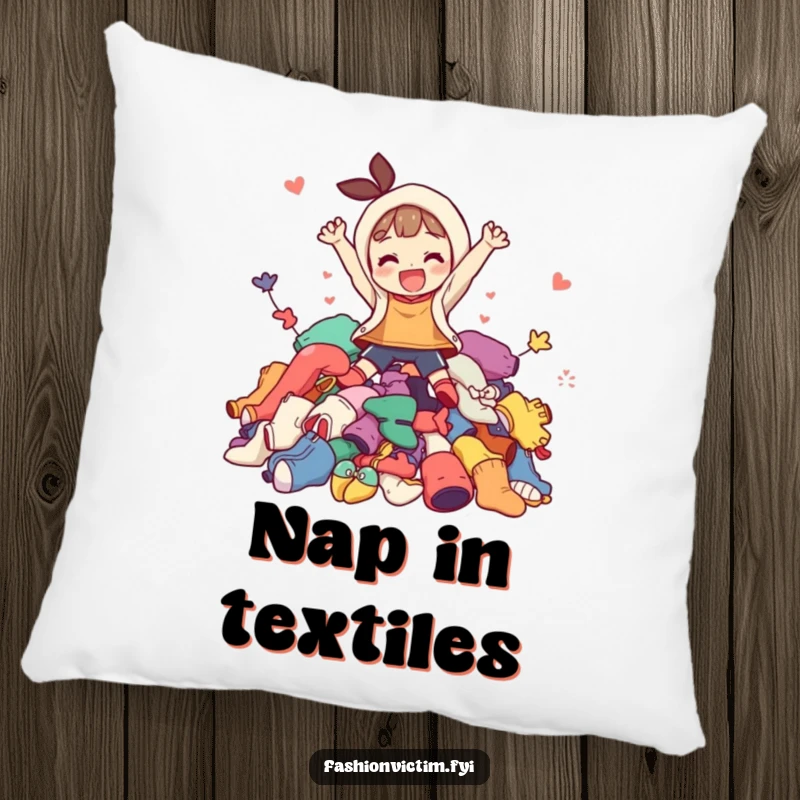 Funny pillow design of a character gleefully jumping into a large, colorful pile of mismatched clothing, providing comfort and a good chuckle.