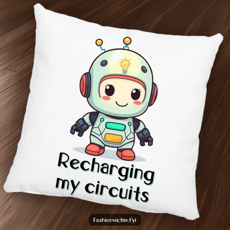 Funny pillow with a cute robot character featuring a lightbulb head, looking very pleased. Soft, humorous decor.