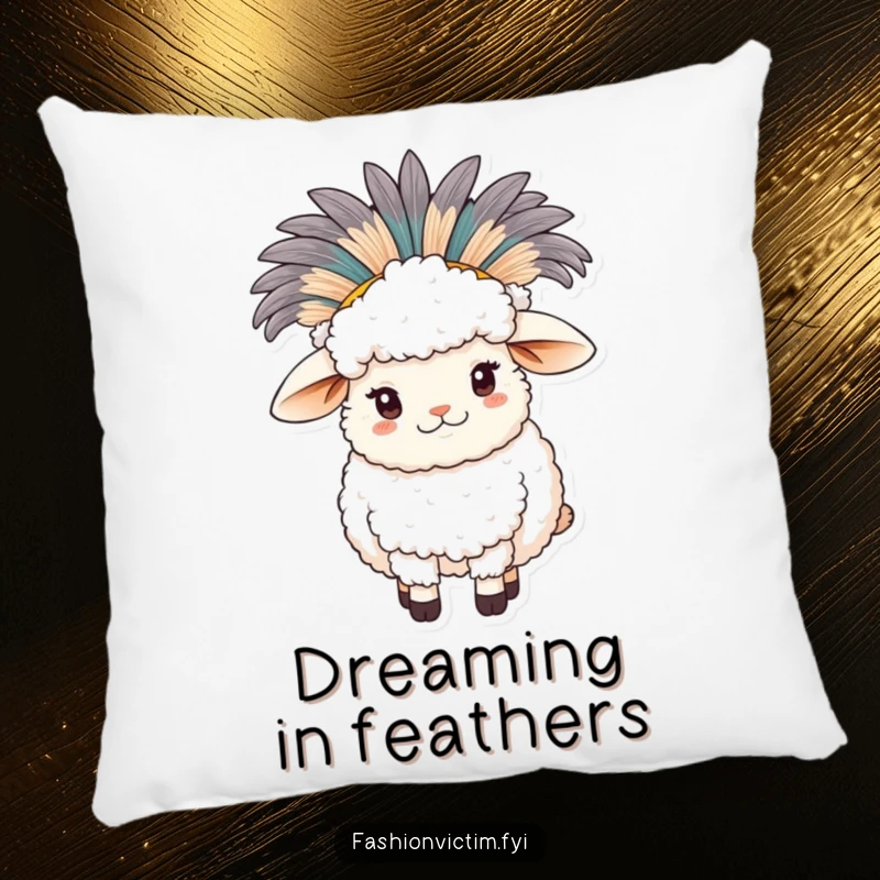 Funny sheep pillow, a fluffy sheep sporting a large feathered hat, soft and decorative, adding charm.