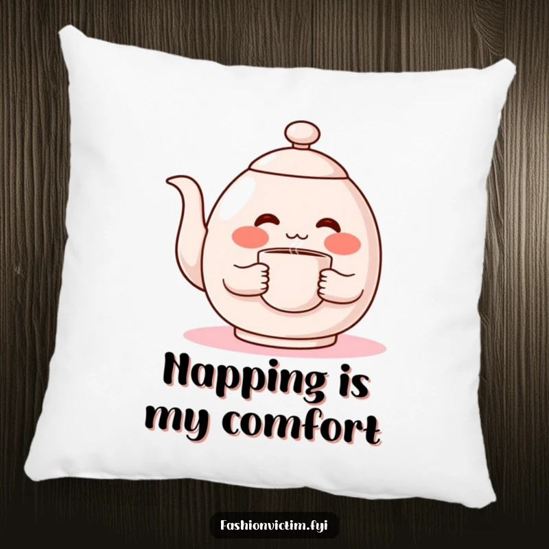 Funny decorative pillow, a shy teapot character blushing bright red, holding a steaming cup, soft and huggable.