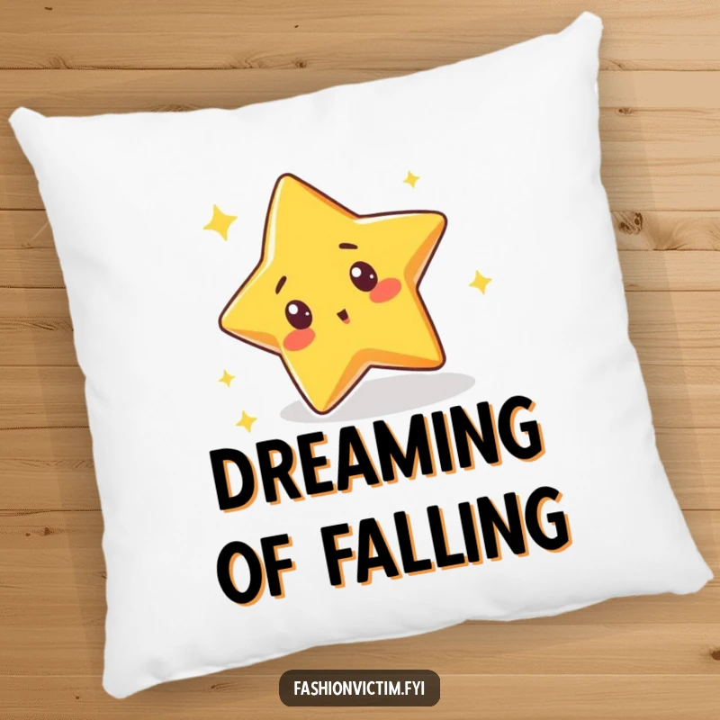 Funny pillow featuring a cute star character tripping over its own sparkle with a surprised expression, perfect for adding comfort and whimsy.