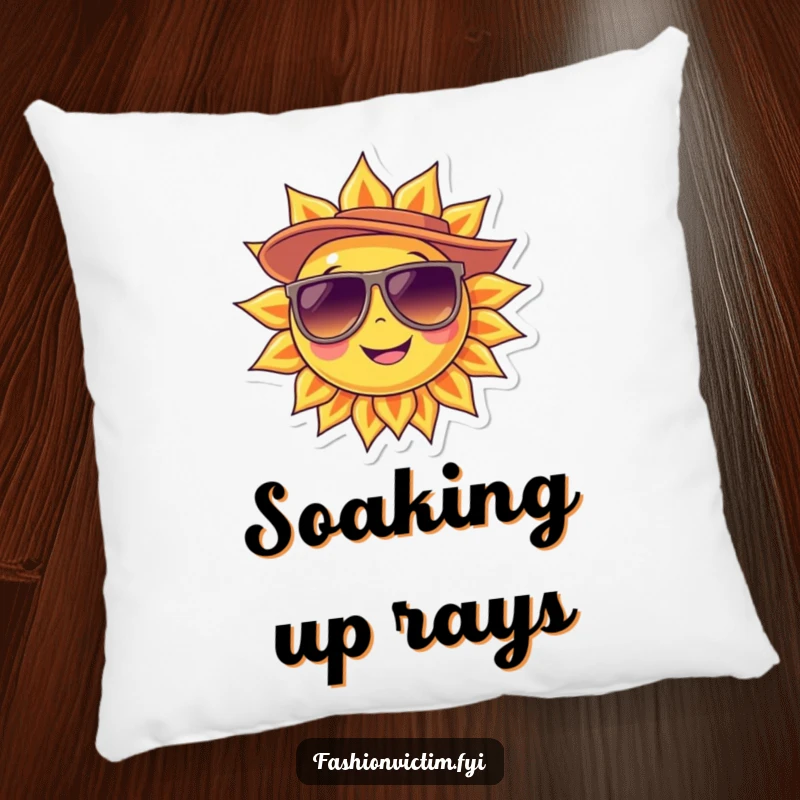 Funny Pillow showcasing a smiling sun character in oversized sunglasses and a stylish hat, bringing sunny vibes indoors.