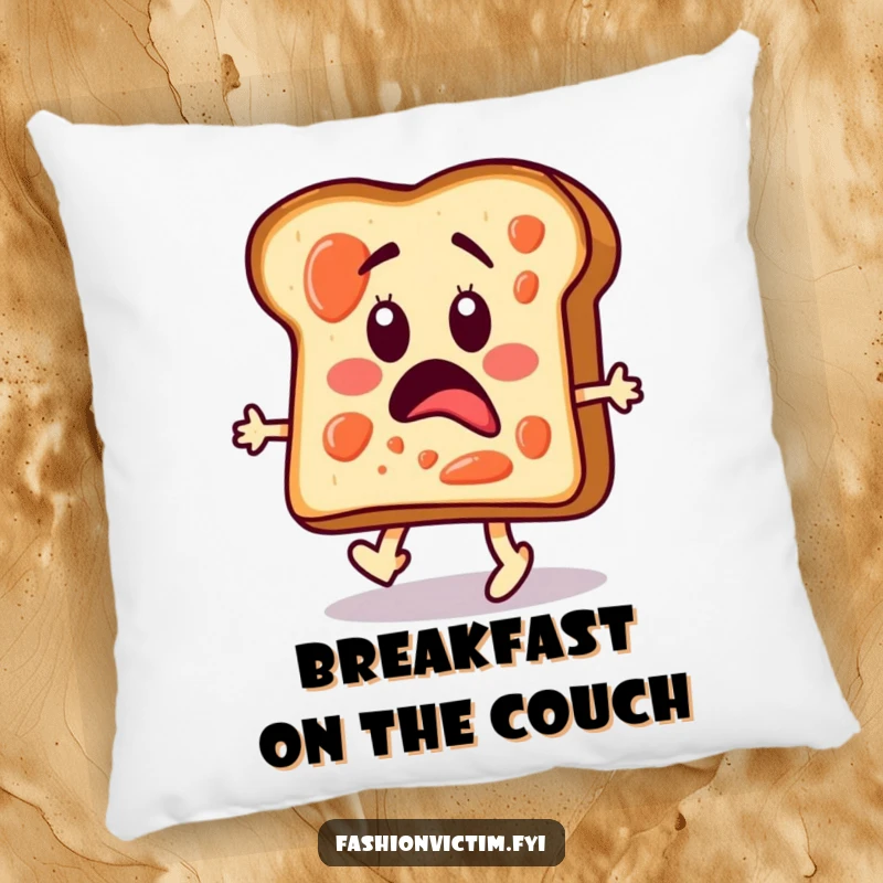 Funny pillow featuring a surprised slice of toast with jam splotches, walking a fashion runway.